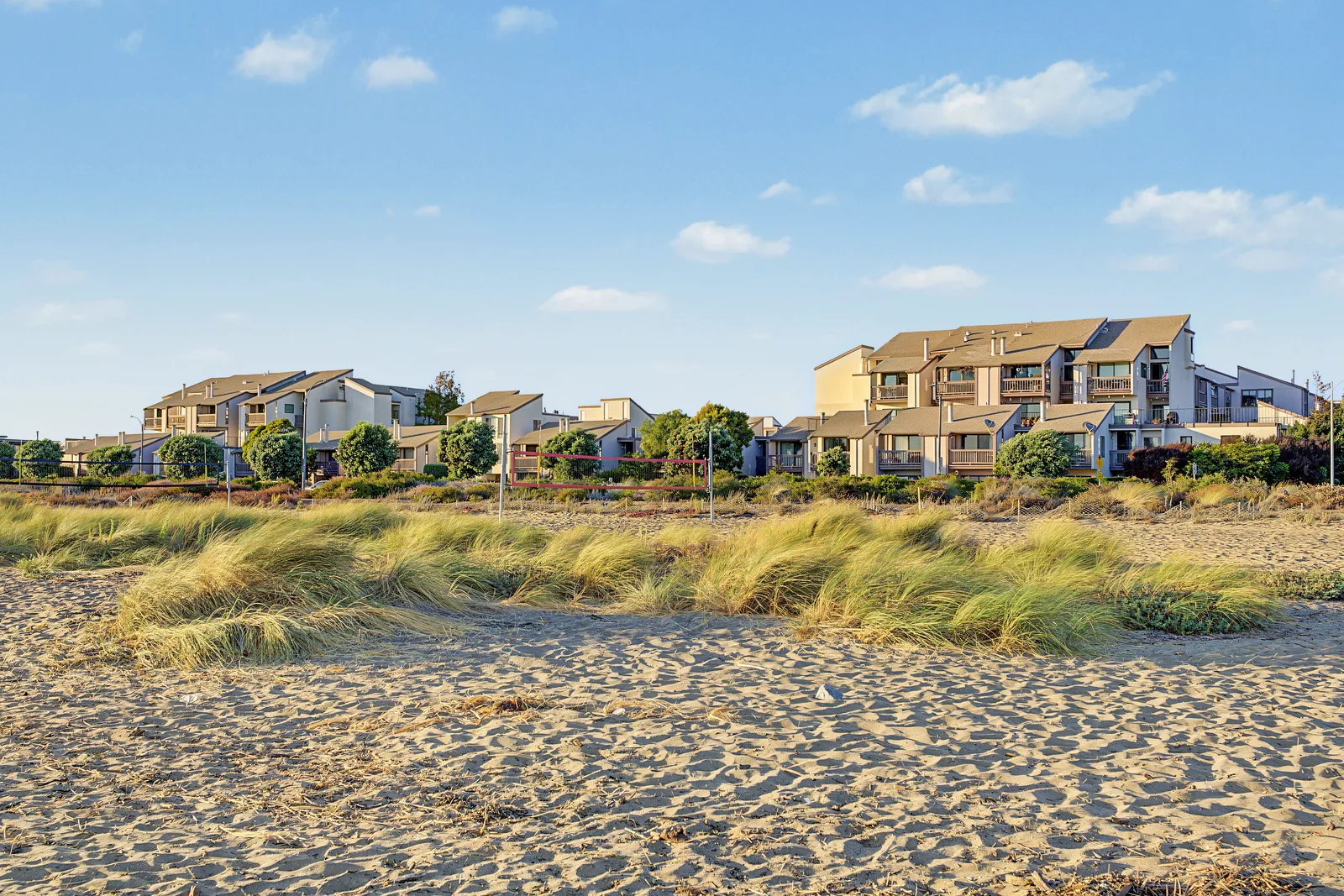 Beach and residential buildings along the Alameda shoreline.