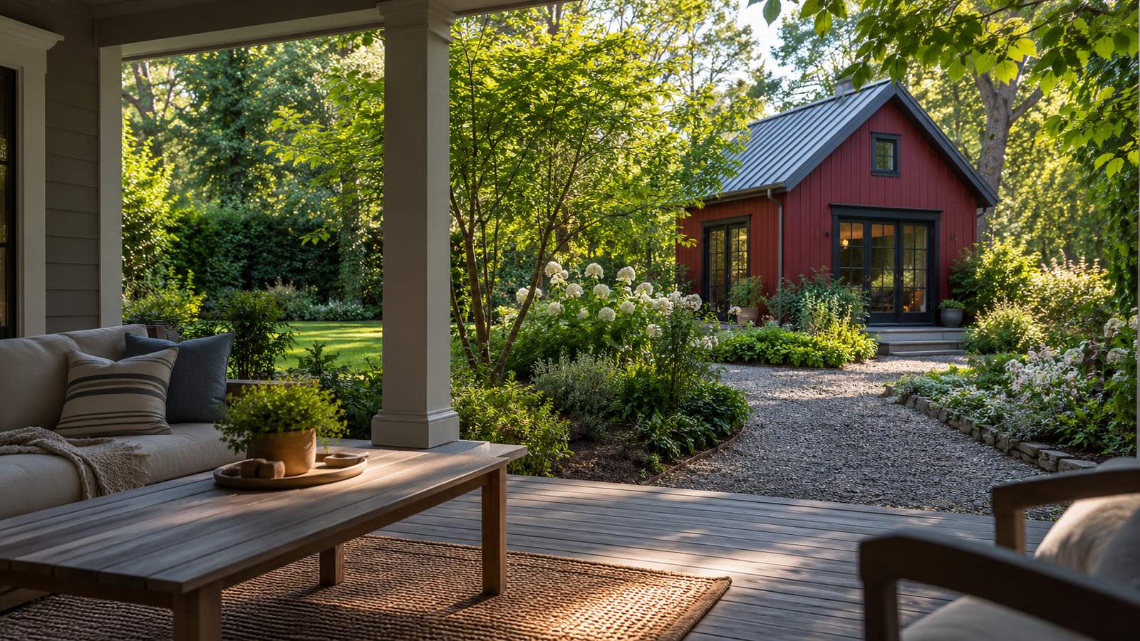 Fictional editorial photograph of a backyard cottage viewed from a main home