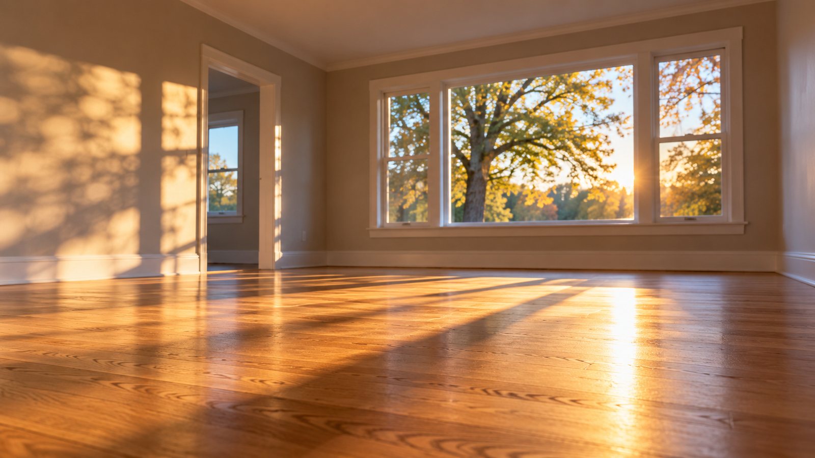 Fictional editorial photograph of sunrise light across an empty living room
