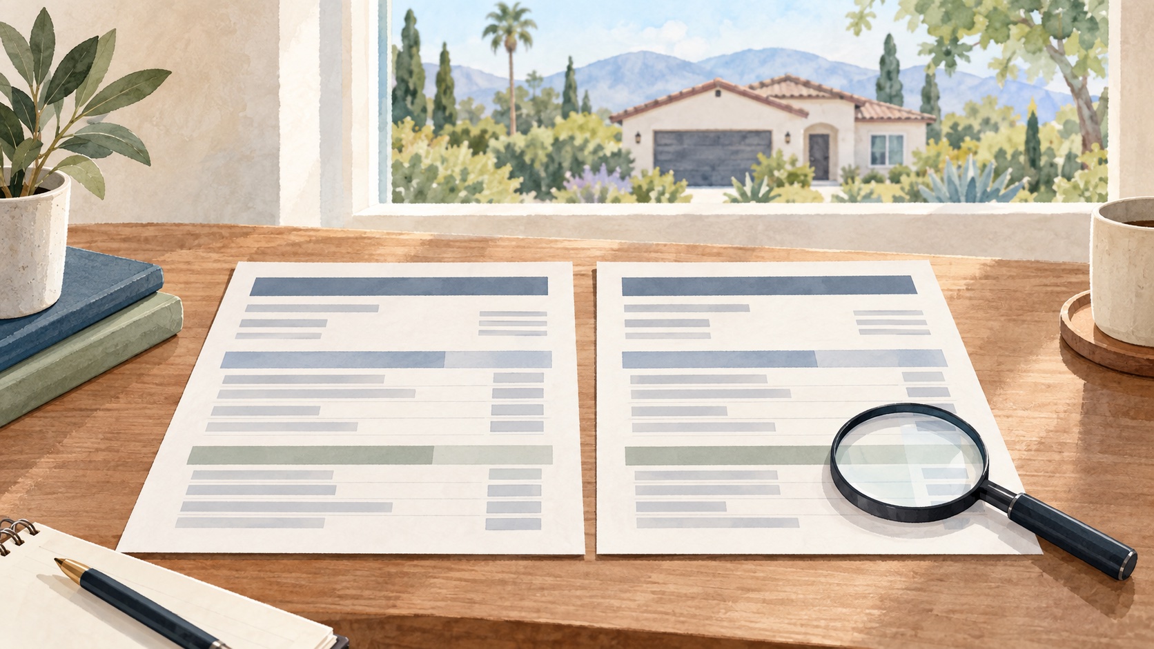 Fictional watercolor desk with two blank Loan Estimate sheets and a magnifying glass