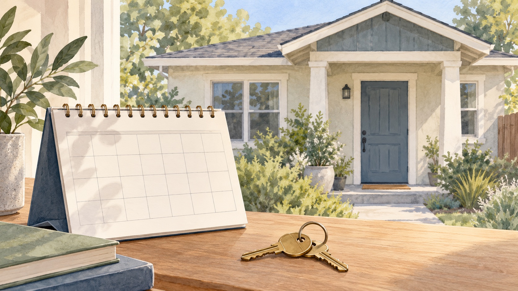 Fictional watercolor rental home with a blank appointment calendar and keys
