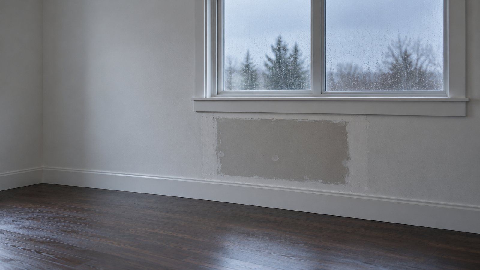 Fictional editorial photograph of an unfinished drywall patch beneath a window