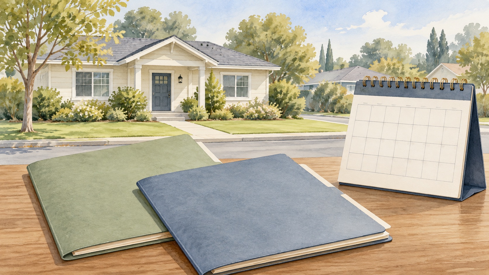 Fictional watercolor house with blank property folders and calendar for a contingent-offer review