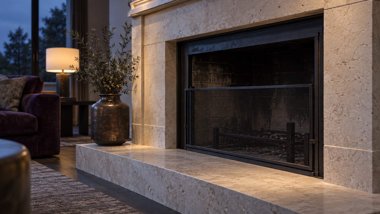 Unlit limestone fireplace and hearth at twilight