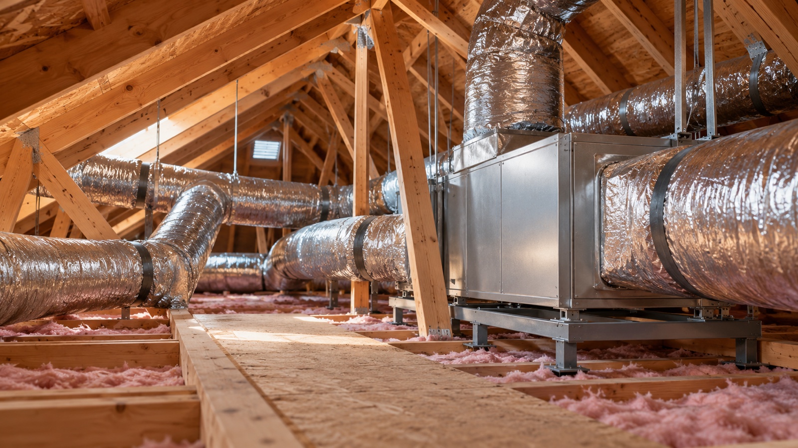 Fictional residential attic with insulated heating and cooling ducts and an unbranded air handler