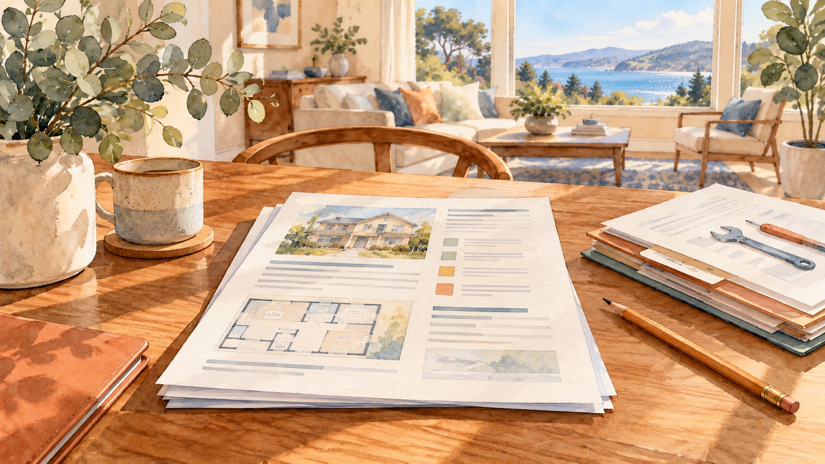 Fictional watercolor scene of a home inspection report beside house plans and repair records