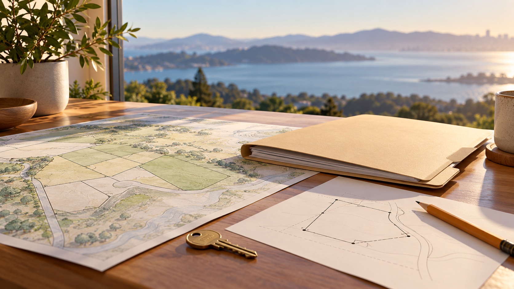 Fictional illustration of a blank parcel map, report folder, boundary sketch and house key