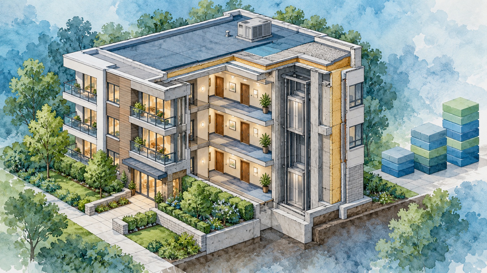 Fictional cutaway illustration of shared condominium building components beside abstract planning blocks