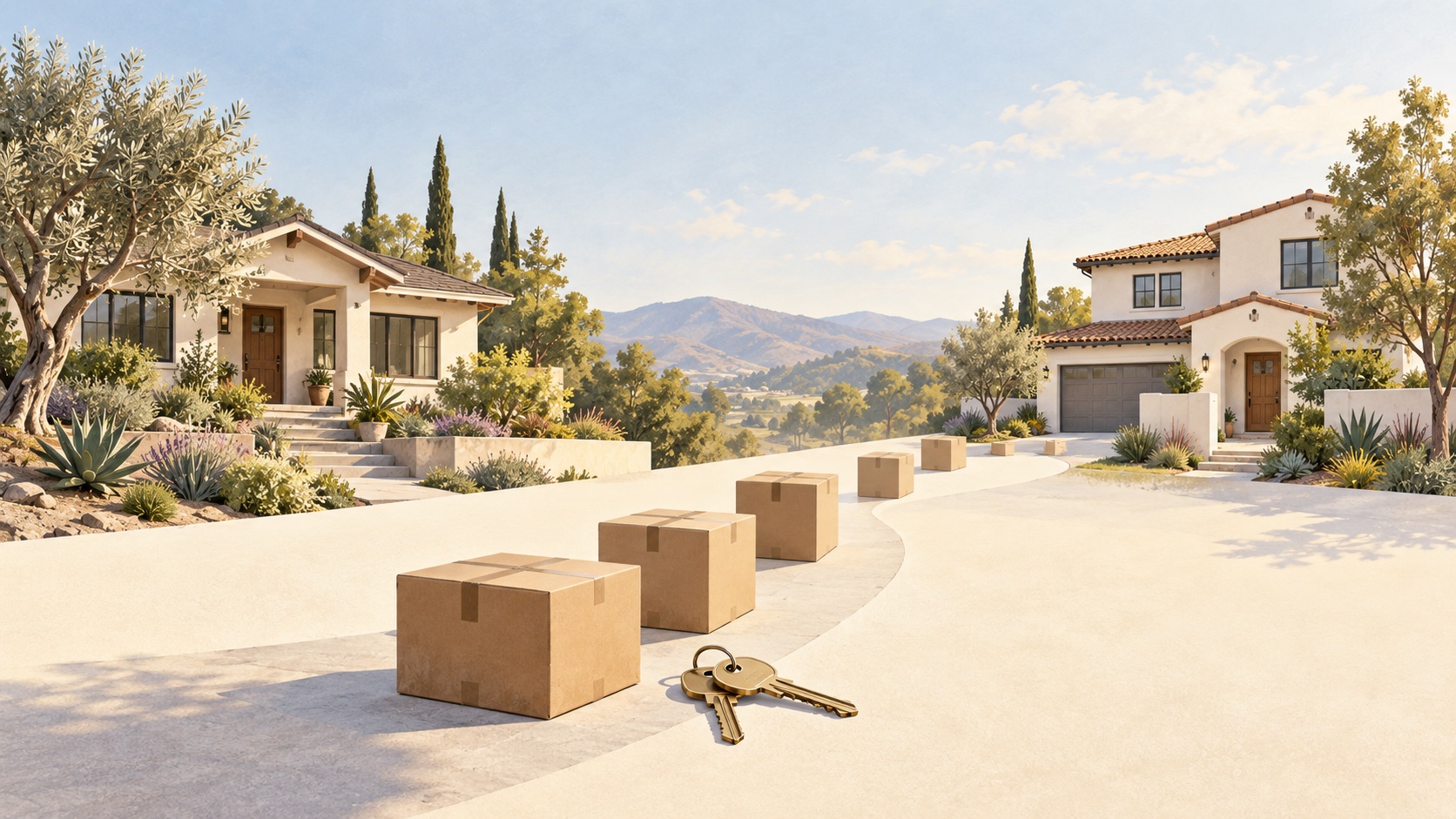 Fictional illustration of two houses connected by moving boxes and keys