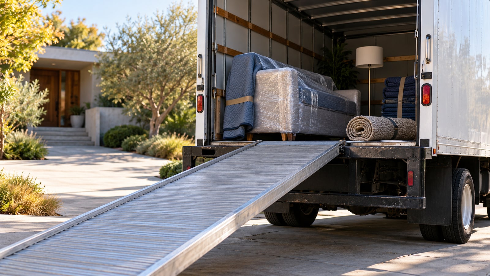 Fictional unbranded moving van with a loading ramp and wrapped furniture