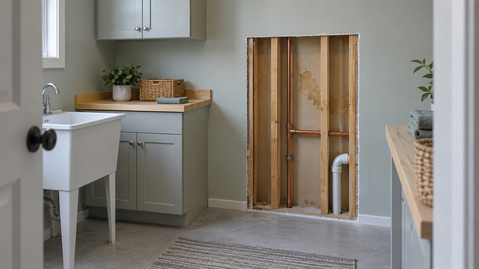 Fictional utility room with a wall opened to show plumbing and the scope of a repair